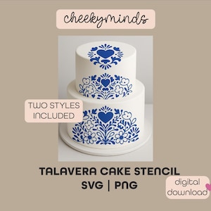 May include: A two-tiered white cake decorated with blue and white Talavera-style floral patterns. The cake is a digital download in SVG and PNG formats. "Two Styles Included" is written on a white rectangle.
