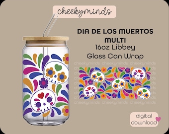 Dia de Los Muertos Talavera Libbey Wrap Multi PNG SVG Sugar Skull Day of the Dead Talavera Tile Mexican Style Wrap Glass Can 16 Sublimation