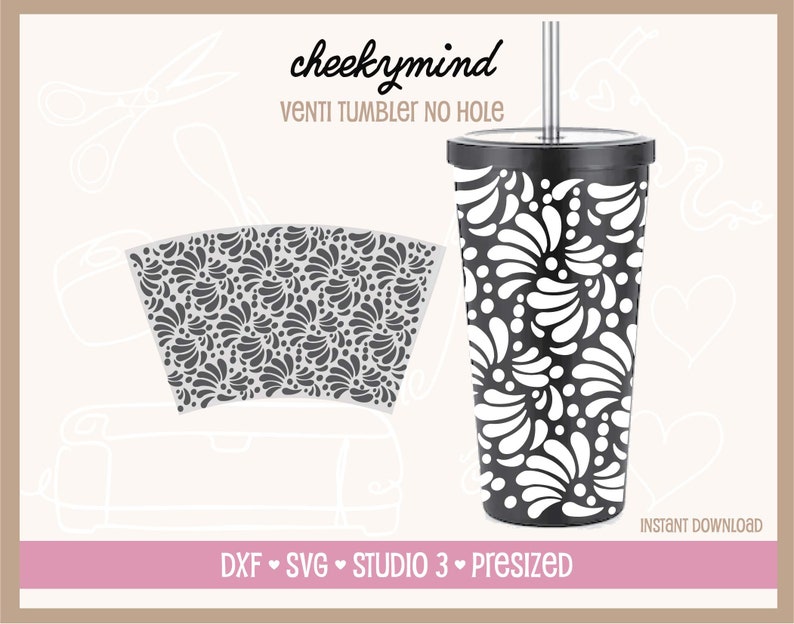 May include: A black and white swirl pattern design for a 20 oz. tumbler. The design is pre-sized for a 20 oz. tumbler and includes a cut file for the tumbler wrap and a cut file for the tumbler itself. The design is perfect for creating a unique and personalized tumbler.