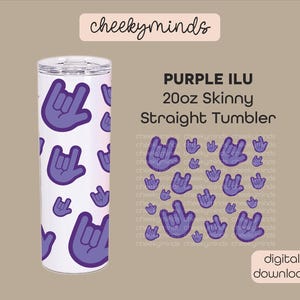 Purple ASL ILY Tumbler Wrap PNG – 20oz Skinny Straight Tumbler Sublimation, American Sign Language “I Love You” Hand Sign, Digital Download