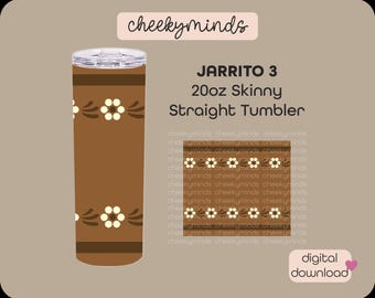 Op de afbeelding: Een bruine 590ml skinny rechte tumbler met een bloemenontwerp. De tumbler heeft een doorzichtig deksel en heeft een herhalend patroon van witte bloemen en bruine strepen. De tekst "JARRITO 3" is zichtbaar.