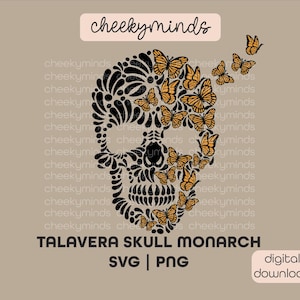 Calavera de Talavera y Mariposas SVG y PNG Diseño de Calavera Mexicana Calavera del Día de los Muertos Calavera de Mariposas Monarca Mexicana