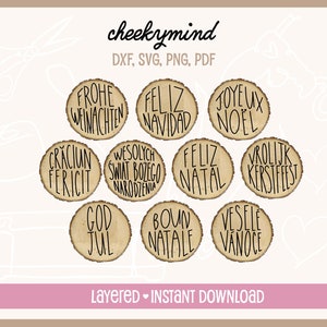 Multicultural Christmas Round Ornaments SVG |  Farmhouse Style Christmas Ornaments | Merry Christmas in Different Languages | Hand Lettered