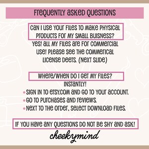 Pu&ograve; includere: Una grafica rosa e bianca con il testo "Frequently Asked Questions" e risposte a domande comuni sui download digitali. Il testo include "Posso usare i tuoi file per creare prodotti fisici per la mia piccola impresa?" e "Dove/Quando ottengo i miei file?" con la risposta "Immediatamente!" Il testo include anche istruzioni su come scaricare file da Etsy.com. La grafica &egrave; firmata "cheekymind".
