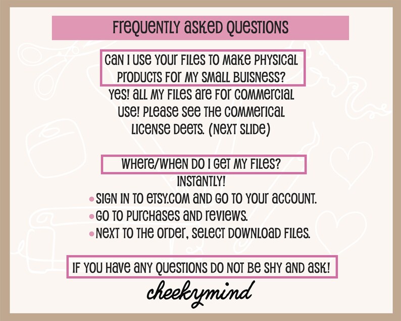 Pu&ograve; includere: Una grafica rosa e bianca con il testo "Frequently Asked Questions" e risposte a domande comuni sui download digitali. Il testo include "Posso usare i tuoi file per creare prodotti fisici per la mia piccola impresa?" e "Dove/Quando ottengo i miei file?" con la risposta "Immediatamente!" Il testo include anche istruzioni su come scaricare file da Etsy.com. La grafica &egrave; firmata "cheekymind".