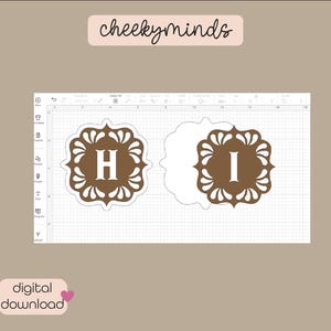 May include: A digital download of two brown and white monogram designs with the letters "H" and "I" in white.