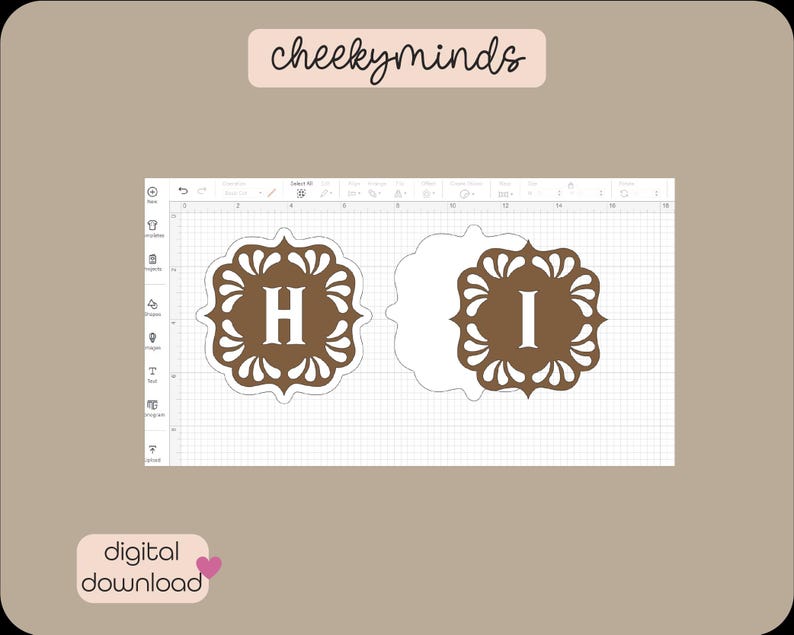 May include: A digital download of two brown and white monogram designs with the letters "H" and "I" in white.
