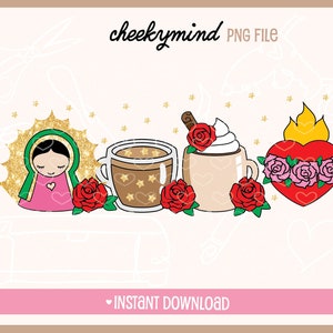 Virgencita y Cafecitos PNG / Virgen de Guadalupe PNG / Virgencita Tshirt Design / Cafecitos y Chisme / Vergine Maria / Sublimazione o uso DTF