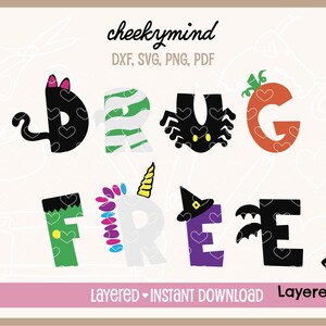 Może przedstawiać: Warstwowy projekt pliku do cięcia SVG dla znaku tematycznego Halloween "Drug Free". Litery są ozdobione r&oacute;żnymi postaciami z Halloween, w tym kotem, pająkiem, dynią, jednorożcem, czarownicą i nietoperzem.