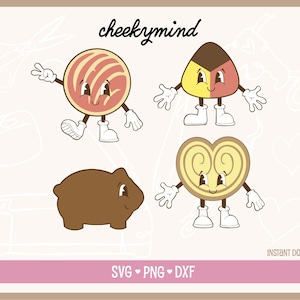 May include: Digital illustration of four cartoon characters. The characters include a round pastry with a striped design, a triangular pastry, a heart-shaped pastry, and a brown animal. The text "cheekymind" is at the top.
