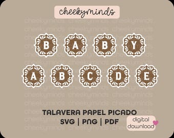 May include: A set of eight brown letter stencils with a decorative border. The letters are A, B, C, D, E, Y, and two Bs. The stencils are labeled "Talavera Papel Picado SVG | PNG | PDF Digital Download".