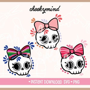 Coquette Girly Skull SVG e PNG Download instantâneo Design mexicano SVG Laço adorável Laço mexicano fofo Sublimação Estilo coquete dtf