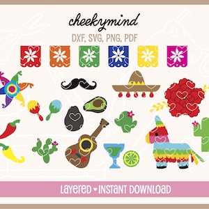 Pacote Digital Big Fiesta, Flor 3D, Pinata, Guitarra, Abacate, Cacto, Sombrero, Bigode, Festa Temática Mexicana, Cinco de Mayo SVG DXF png PNGWing