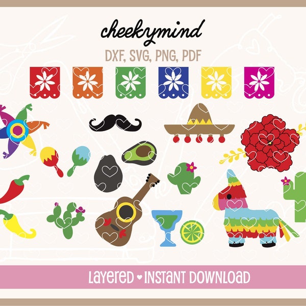 Big Fiesta Digital Bundle, 3D Flower, Pinata, Guitar, Avocado, Cactus, Sombrero, Mustache, Mexican Theme Party, Cinco de Mayo SVG DXF PNG