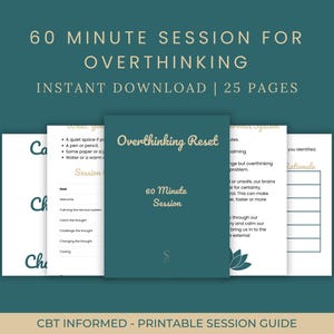 Puede incluir: Una guía de sesión imprimible de color verde azulado titulada "Overthinking Reset" con el texto "60 Minute Session" y "Descarga instantánea | 25 páginas". La guía incluye páginas con texto y un diseño floral.