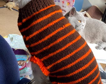 Striped Knit Dog Jumper, 100% Acrylic, Brown Orange Stripes