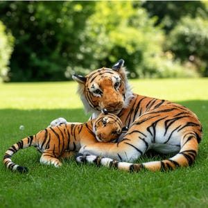 May include: Two plush tiger toys, a larger one and a smaller one, are nestled together on green grass. The tigers have orange and black striped fur, with white accents on their faces and bellies. The background is blurred green.