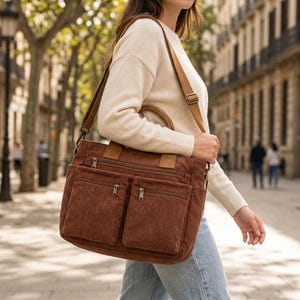Bolso bandolera grande de pana: bolso escolar cruzado con múltiples bolsillos