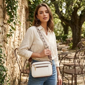 Puede incluir: Un bolso bandolera blanco con ribetes marrones y cremalleras doradas. El bolso tiene una correa estampada y se lleva al hombro. La persona lleva una camisa crema abotonada y vaqueros azules. El fondo incluye una pared de piedra y asientos al aire libre.
