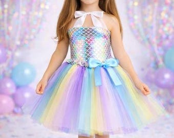 女の子用レインボーマーメイドチュチュドレス（ヘッドバンド付き）、誕生日パーティー衣装