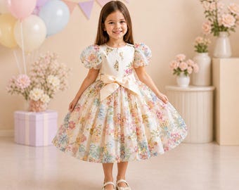 Pastel Floral Girls Party Dress, Butterfly Print Toddler Dress, Puffy Sleeve Birthday Outfit, Princess Flower Girl Dress, Easter Dress Kids