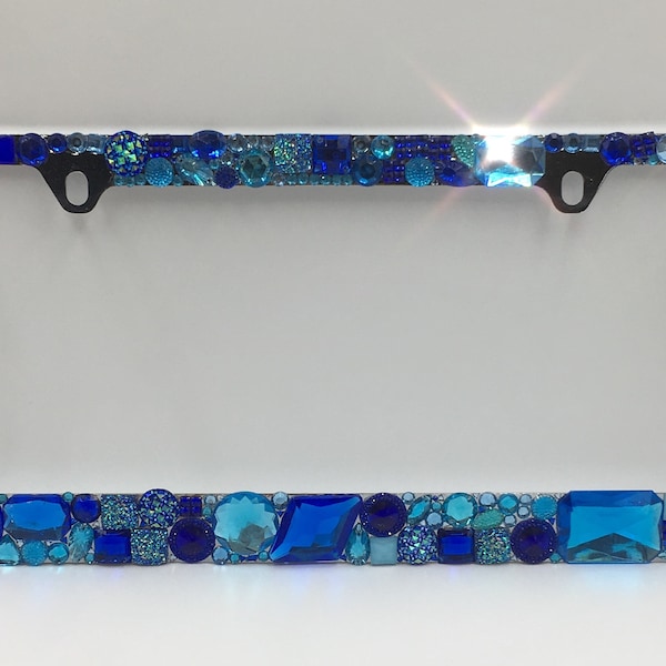 BLUE Chunky Rhinestone Bling License Plate Frame Crystal Sparkly Jewel Diamond Bedazzle Tag Cover Holder