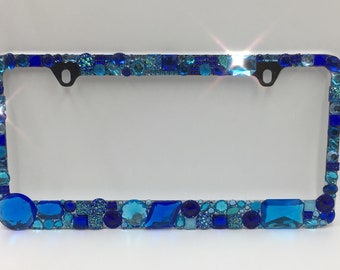 BLUE Chunky Rhinestone Bling License Plate Frame Crystal Sparkly Jewel Diamond Bedazzle Tag Cover Holder
