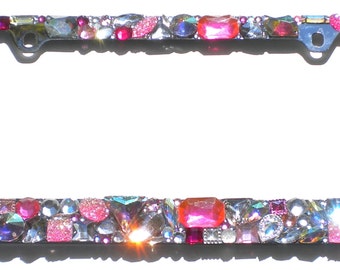 Chunky Rhinestone License Plate Frame Bling PINK AB CLEAR Crystal Sparkles Jewel Diamond Bedazzle Tag Cover Holder