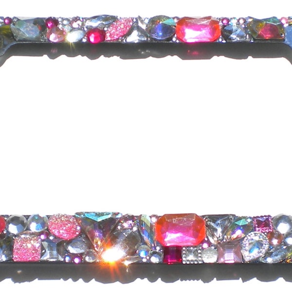 Chunky Rhinestone License Plate Frame Bling PINK AB CLEAR Crystal Sparkles Jewel Diamond Bedazzle Tag Cover Holder