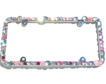 Chunky Rhinestone Bling License Plate Frame (4 Screw Holes) PINK AB CLEAR Crystal Sparkly Jewel Diamond Bedazzle Tag Cover Holder