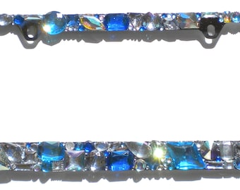Chunky Bling Rhinestone License Plate Frame BLUE AB CLEAR Crystal Sparkle Jewel Diamond Bedazzle Tag Cover Holder