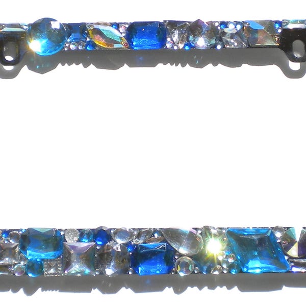 Chunky Bling Rhinestone License Plate Frame BLUE AB CLEAR Crystal Sparkle Jewel Diamond Bedazzle Tag Cover Holder