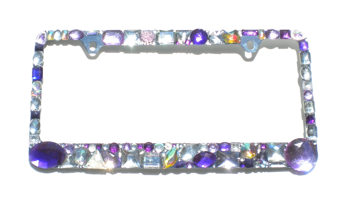 Chunky Rhinestone License Plate Frame Bling PURPLE AB CLEAR Crystal Jewel Diamond Bedazzle Tag