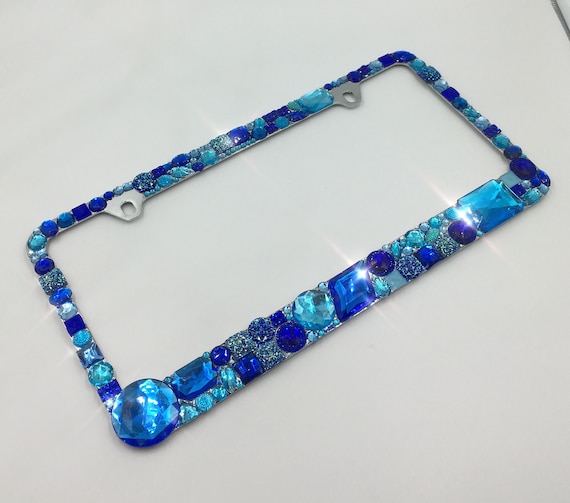 BLUE Chunky Rhinestone Bling License Plate Frame Crystal Sparkly Jewel Diamond Bedazzle Tag Cover Holder
