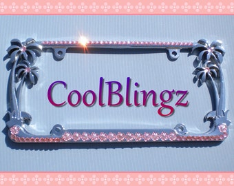 BABY PINK Flower and Rhinestone Palm Tree License Plate Frame Crystal Diamond Bling