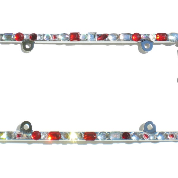 Chunky Rhinestone License Plate Frame Bling RED AB CLEAR Crystal (4 Screw Holes) Sparkles Jewel Diamond Bedazzle Tag Cover Holder