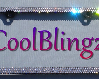 3 Row 2 Hole Crystal (Clear) Bling License Plate (on Black) Frame Rhinestone Sparkle made with Swarovski Crystals