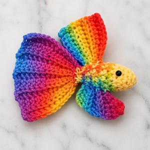 Puede incluir: Un pez hecho a mano con ganchillo en un vibrante arcoíris de colores. El pez presenta un diseño detallado con un cuerpo redondeado, aletas y cola. El color transita del rojo al amarillo, verde, azul y morado. El pez tiene un pequeño ojo negro.