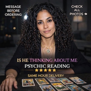 May include: A woman with curly dark hair and multiple gold necklaces is featured in this image. Text on the image reads "IS HE THINKING ABOUT ME PSYCHIC READING" and "SAME HOUR DELIVERY". Tarot cards are laid out on a dark surface.