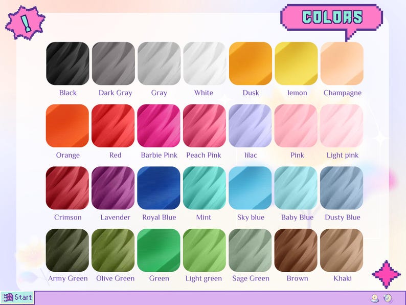May include: A color palette graphic with a variety of hues, including black, gray, white, orange, red, pink, blue, green, and brown. The word "COLORS" is displayed at the top. Each color is presented in a square with a wavy texture.