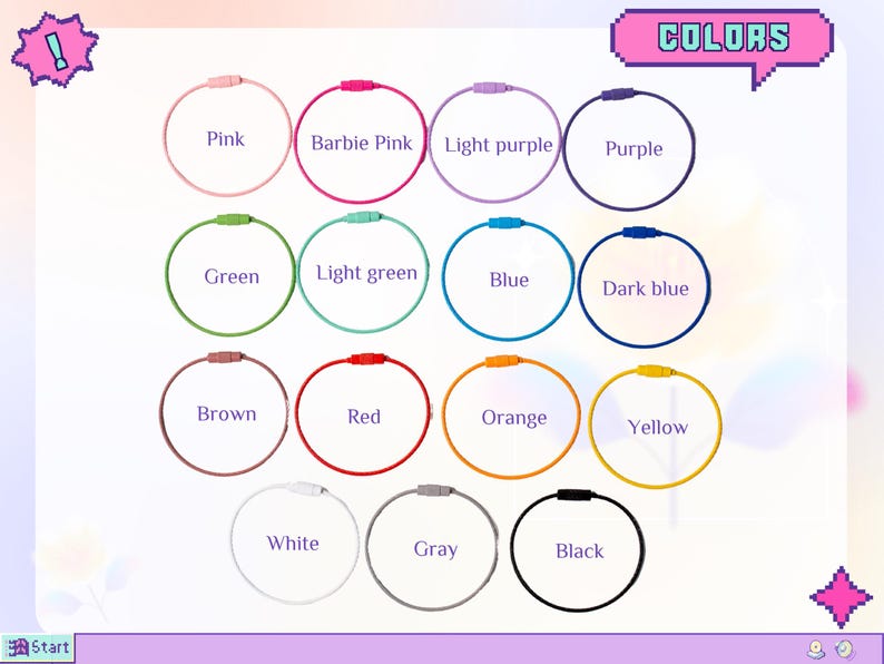May include: A collection of colorful keychains in various hues, including pink, green, blue, and yellow. Each keychain is a circular loop with a metal clasp. The word "COLORS" is displayed at the top.