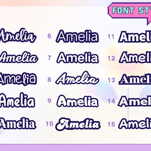 May include: A graphic showcasing 15 different font styles of the name "Amelia" in various designs. The text "FONT STYLE" is at the top. The background is a soft gradient of pink and blue.