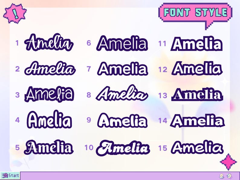 May include: A graphic showcasing 15 different font styles of the name "Amelia" in various designs. The text "FONT STYLE" is at the top. The background is a soft gradient of pink and blue.