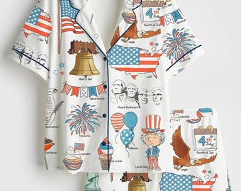 Freedom and Unity Patriotic Pajama, 250th Anniversary USA Pajama Set, 1776 Independence Silky Satin Sleepwear, American Birthday Celebration