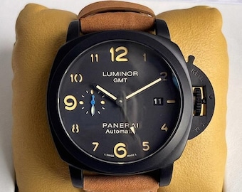 Vintage gerenoveerde Panerai Luminor GMT leren band met zwarte wijzerplaat