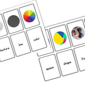 May include: Flash cards with the text "Elements of Art" and corresponding images and terms. The cards include "texture", "line", "color", "shape", "form", and "value". A rainbow color wheel and a sphere are also shown.