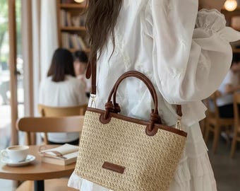 Straw Crossbody Bag for Women, Woven Summer Shoulder Purse with Top Handles, Retro Beach Tote Handbag, Vacation Basket Bag, Neutral Gift