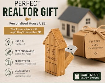 Real Estate Closing Gift USB 3.0, Personalized Wooden House Flash Drive, Realtor Client Gift, Custom Housewarming Gift