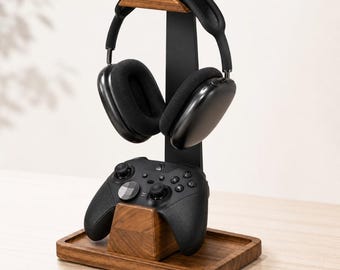 Wood Headphone & Controller Stand, Headset Holder, Desk Organizer, Desk Accessories,    PS5, Gaming Room Accessories, Gamer Gift for Him