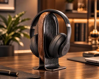 Wood and Leather Headphone Stand, Wooden Headphone Holder, Premium Desk Headphone Rack, Desk Organizer, Modern Desk Setup, Music Lovers Gift